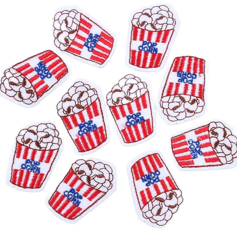 10pcs/lot Cartoon Popcorn Patch on clothing Embroidered appliques sew on patches Diy Food motif badge sewing accessories Sticker