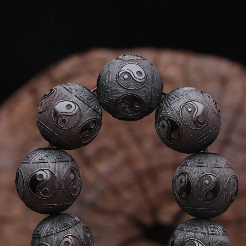 Ebenholz-Herren-Holzarmband, Symbol der Philosophie, männliches Armband, Symbol der Wahrsagerei, 20 mm, schwarzes Holzperlenarmband – Detail 11