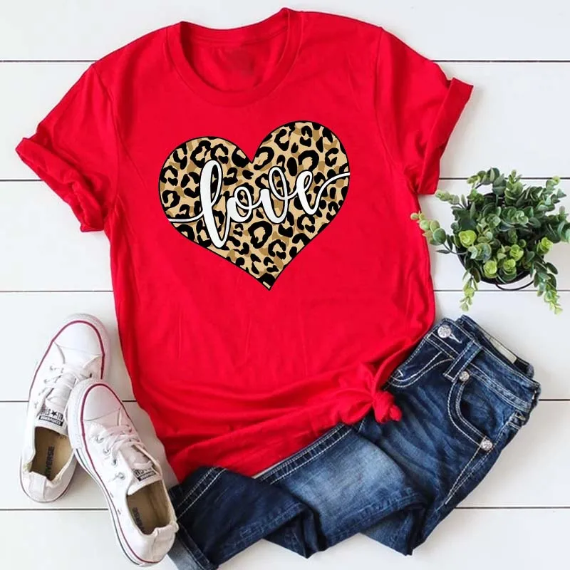 Maycaur Fashion Women T Shirt Love Heart Printed T Shirt Casual Red Tops 90s Valentine\'s Shirt Female Harajuku Graphic Tshirt