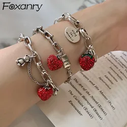 Evimi 925 Silver Color Thick Chain Bracelets For Women Trendy Elegant Charming Sparkling Strawberry Zircon Party Jewelry