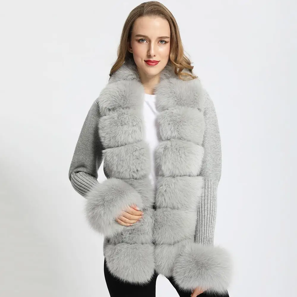 Janefur Knitted Puff Sleeve Fur Sweater Cardigan Fashion Women Real Fox Fur Coat Ladies Natural Fox Fur Jacket