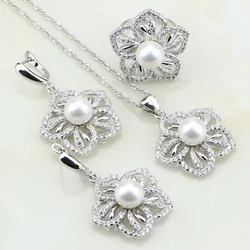 Flower 925 Sterling Silver White Pearl Cubic Zirconia Jewelry Set For Women Wedding Earrings/Ring/Pendant/Necklace