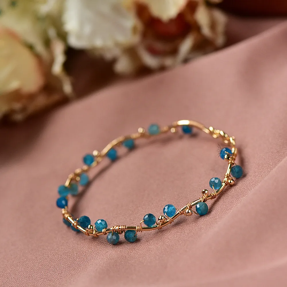 Natural Stone Blue Tanzanite Faceted Bead 14K Gold Filled Bracelet For Women Opening Bangle Vintage Handmade Bohemia Jewelry