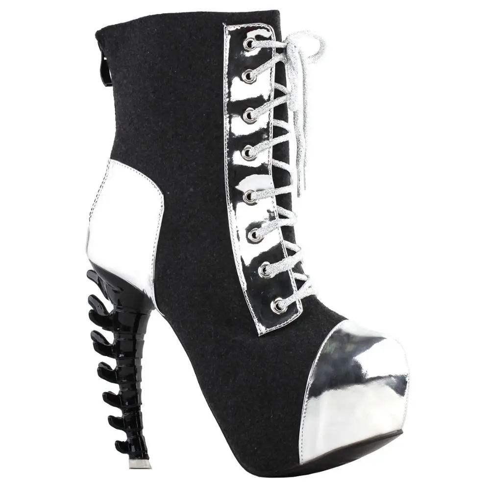 Cool Dark Grey Silver Two Tone Lace-Up High-top Bone Heels Platform Ankle Boots