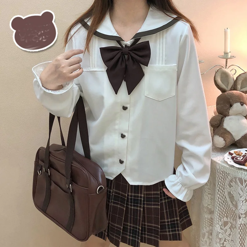 

Lolita Kawaii Bear Button White Shirts Teen Girls Sailor Collar Preppy Blouse Japanese Sweet JK School Uniform Long Sleeve Tops