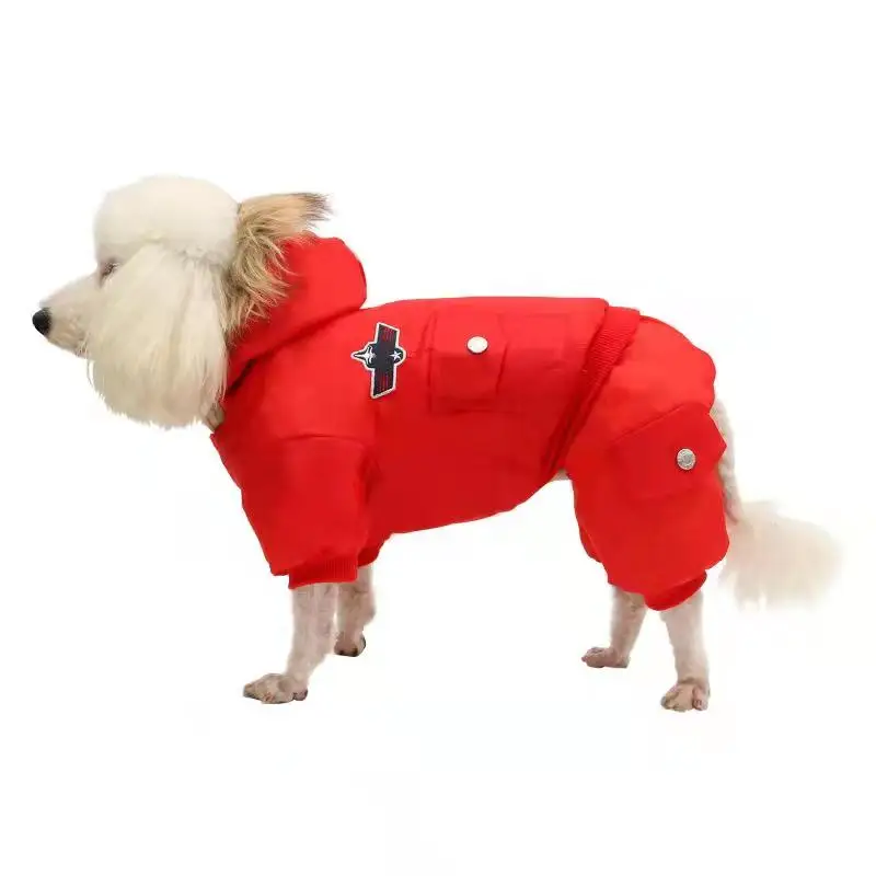 Red USA Airman Style Pet Dogs Coat Warm Small Dog Apparel Fleece Winter Coat Snowsuit Hooded Jumpsuit Waterproof Clothing