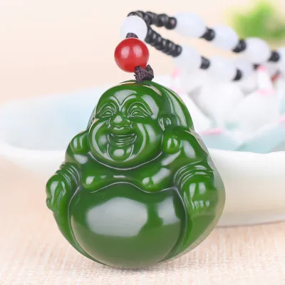 Zheru Jewelry Natural Hetian Jade Green Laughing Buddha Pendant Necklace Exquisite Jewelry Best Gift