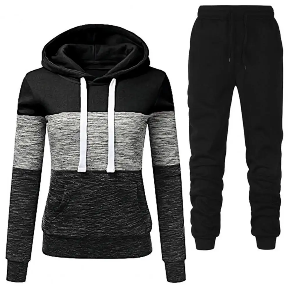 1 Set Hoodie Pants Set Women Two Piece Set Color Block Large Pocket Autumn Winter Tracksuit Contrast Color Running Sets Jogger