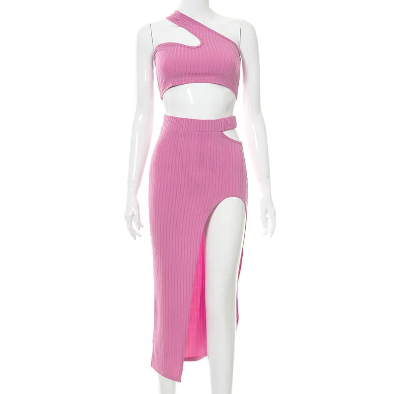 BKLD Women Clothing 2024 Summer New Solid Color Knitted One Shoulder Crop Top Waist Hollow Split Midi Skirts Sexy Two Piece Set