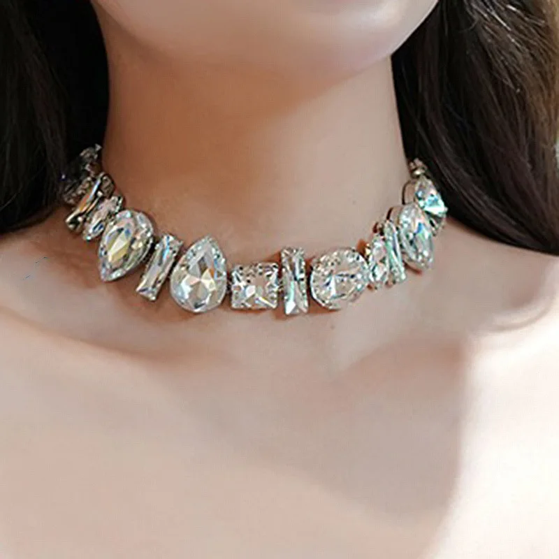 FYUAN Geometric Crystal Choker Necklaces for Women Water Drop Clavicle Chain Necklaces Statements Jewelry