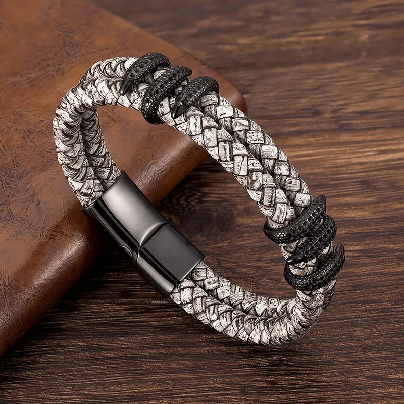 MKENDN Gothic Männer Vintage Grau Geflochtene Echtes Leder Armband Dragon Claw Homme Femme Armbänder Handgemachten Schmuck Pulseras – Detail 6