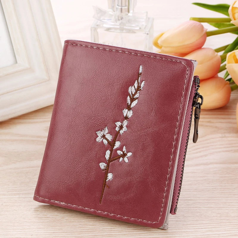 Women's Embroidered Short Wallet PU Leather Plum Blossom Pattern Ladies Coin Purse Card Holders Foldable Hasp Zipper Money Bag