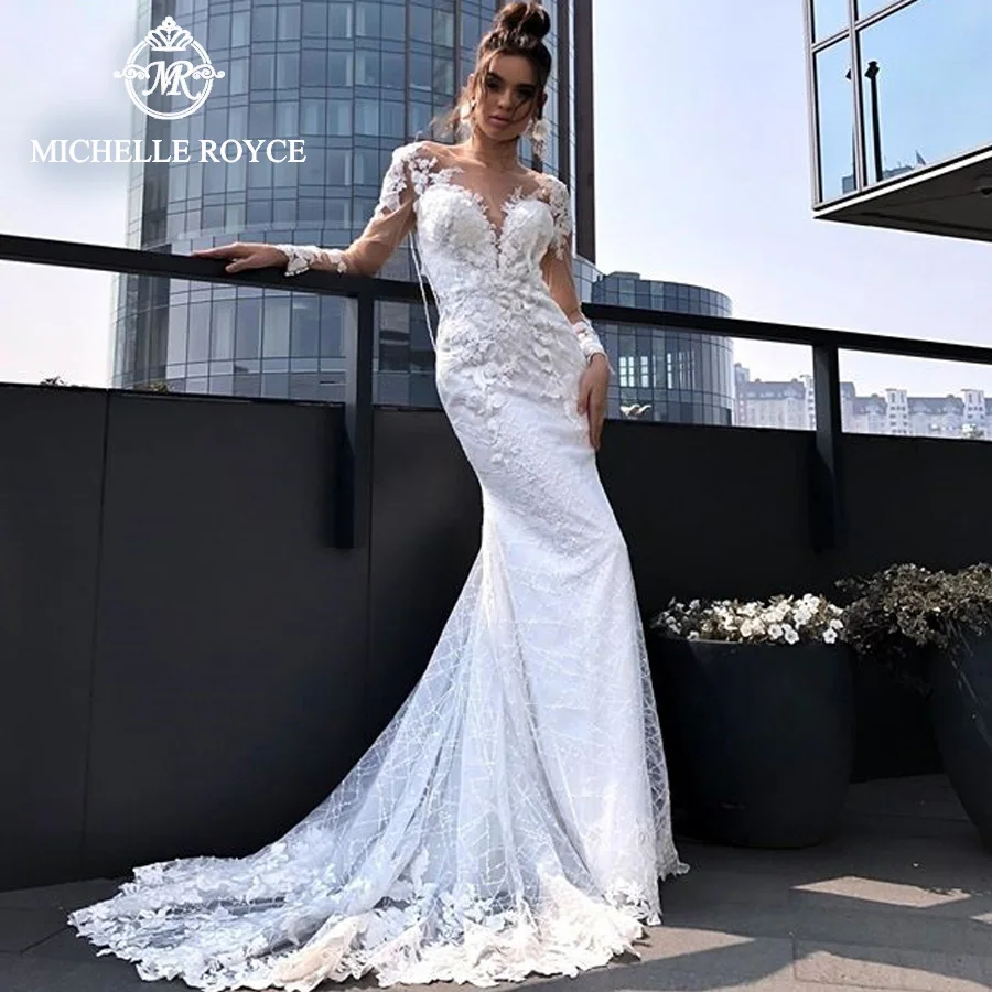 

Michelle Royce Scoop Mermaid Wedding Dress 2022 Illusion Appliques Beading Backless Chapel Train Wedding Gown Vestido De Novia