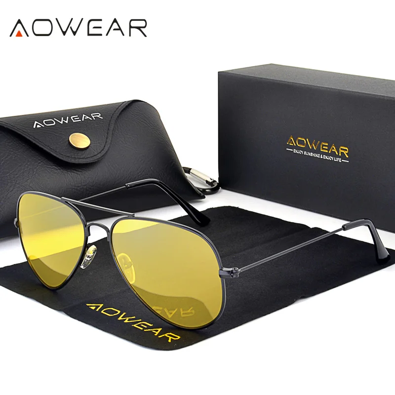 AOWEAR Brand 3025 Goggles Vision Night Glasses for Driving Polarized Aviation Yellow Sunglasses Men Night Vision Pilot Eyewear