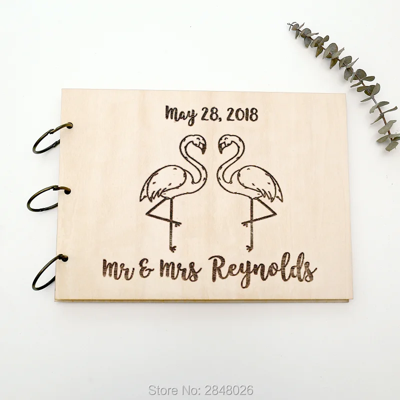 

flamingo Rustic engraved wedding guestbook,Custom Mr & Mrs wooden Wedding guest book, personalized Script tropical in album