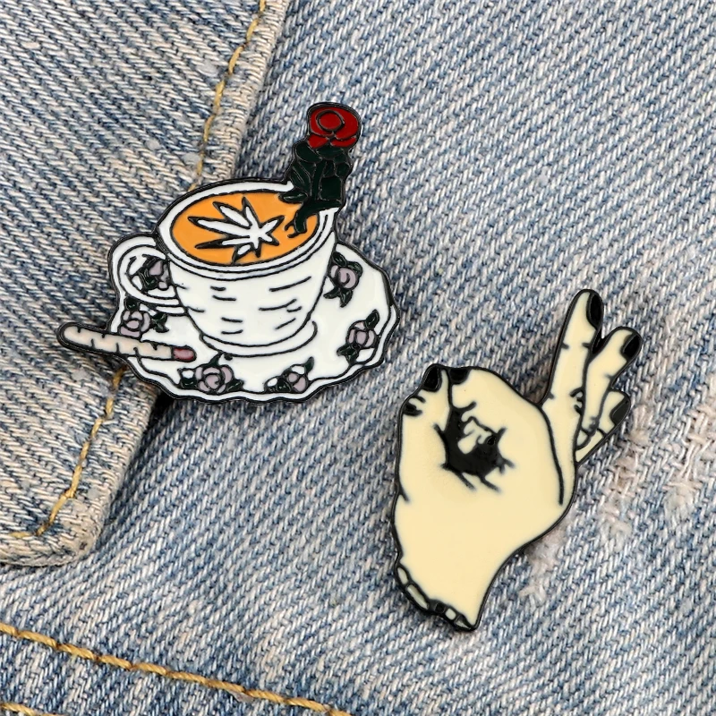 New Cute Brooches OK Gesture Hand Coffee Cup Enamel Pins Afternoon Tea Lapel Pin Custom Metal Badges Funny Jewelry For Women Men