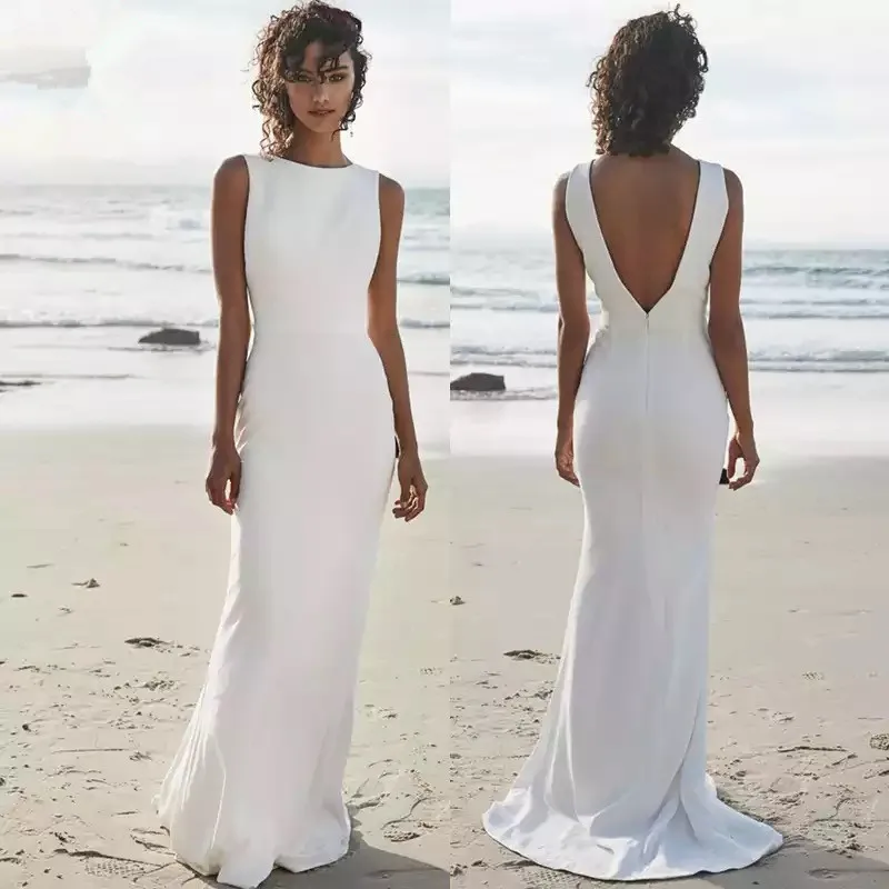 Beach Wedding Dresses V Back Soft Satin Sweep Train Cheap Long Boho Bohemian Mermaid Bride Dress Backless Plus