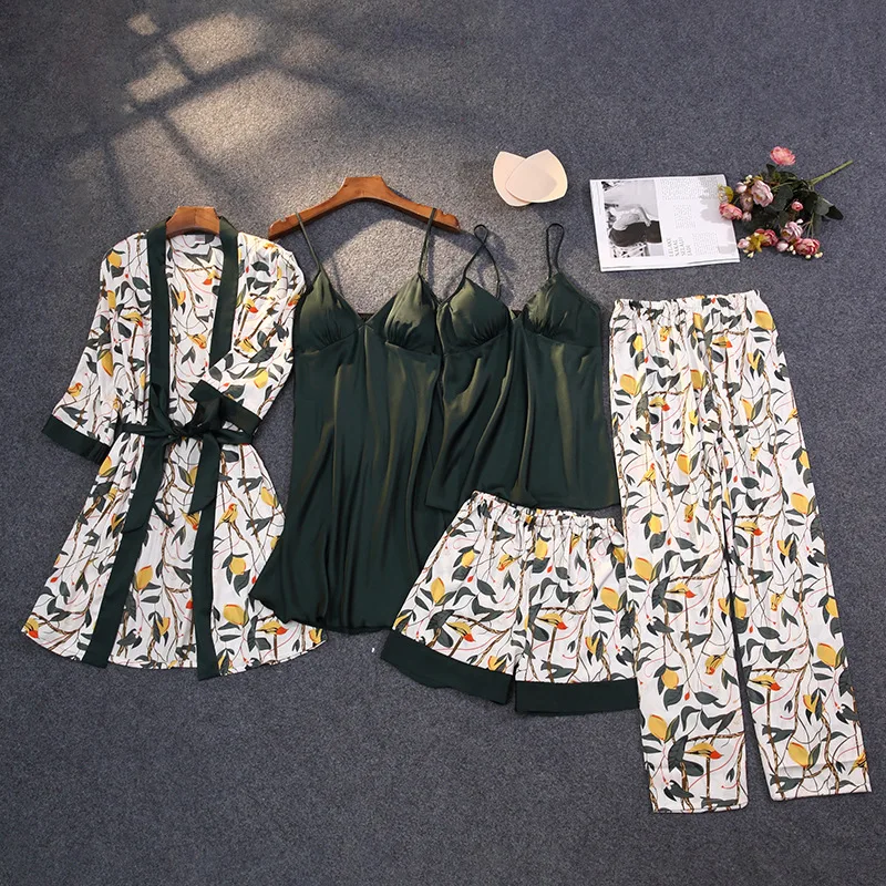 Lady Print Flower Nighty&Robe Suit Sleepwear Silky Satin Nightwear Kimono Bathrobe Gown Casual Nightgown Home Clothes