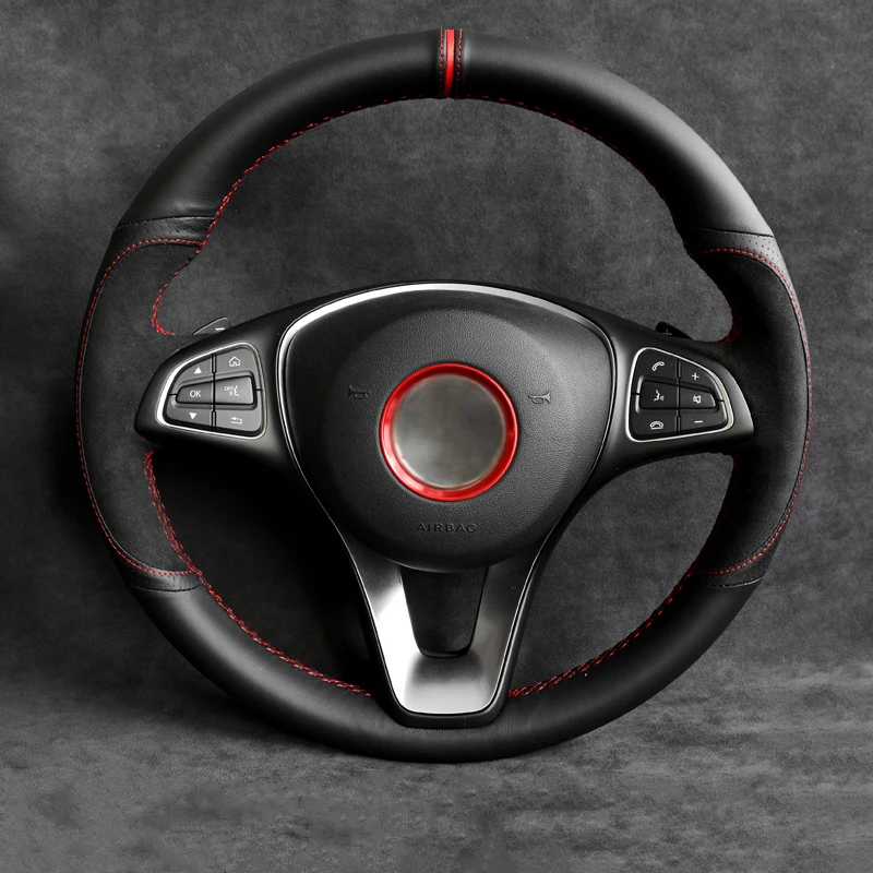 Black Genuine Leather Alcantara Car Steering Wheel Cover for Mercedes-Benz CLS260 CLS300 C180 C200 C260 C300 B200 E200 E300