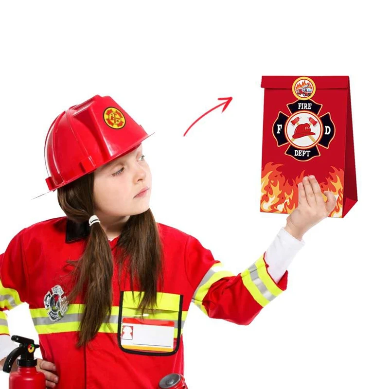 12pcs Fireman Theme Party Favor Bags Candy Bags Fire Truck Gifts Bags Firefighter Kids Birthday Favor Party Decoration Supplies view 2