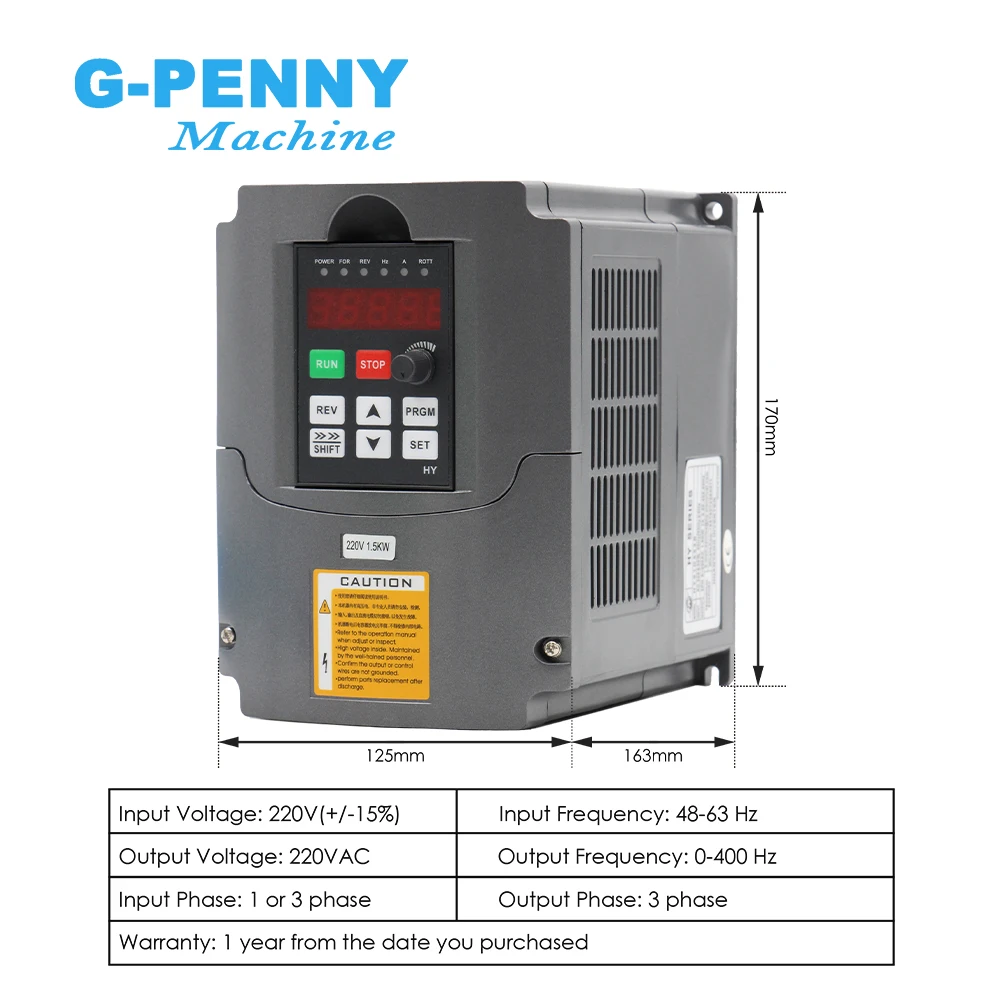 G-Penny 1.5kw ER11 mandrino raffreddato ad aria 24000rpm raffreddamento ad aria 400Hz 4 cuscinetti 65x204mm e 1.5kw Huanyang convertitore di