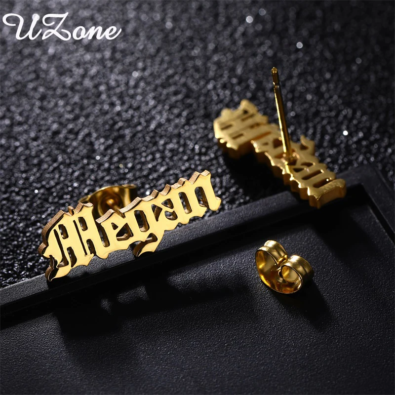 UZone Personalized Old Englise Stud Earrings Stainless Steel Customized NamePlate Earring For Women Sample Gifts Wholesale