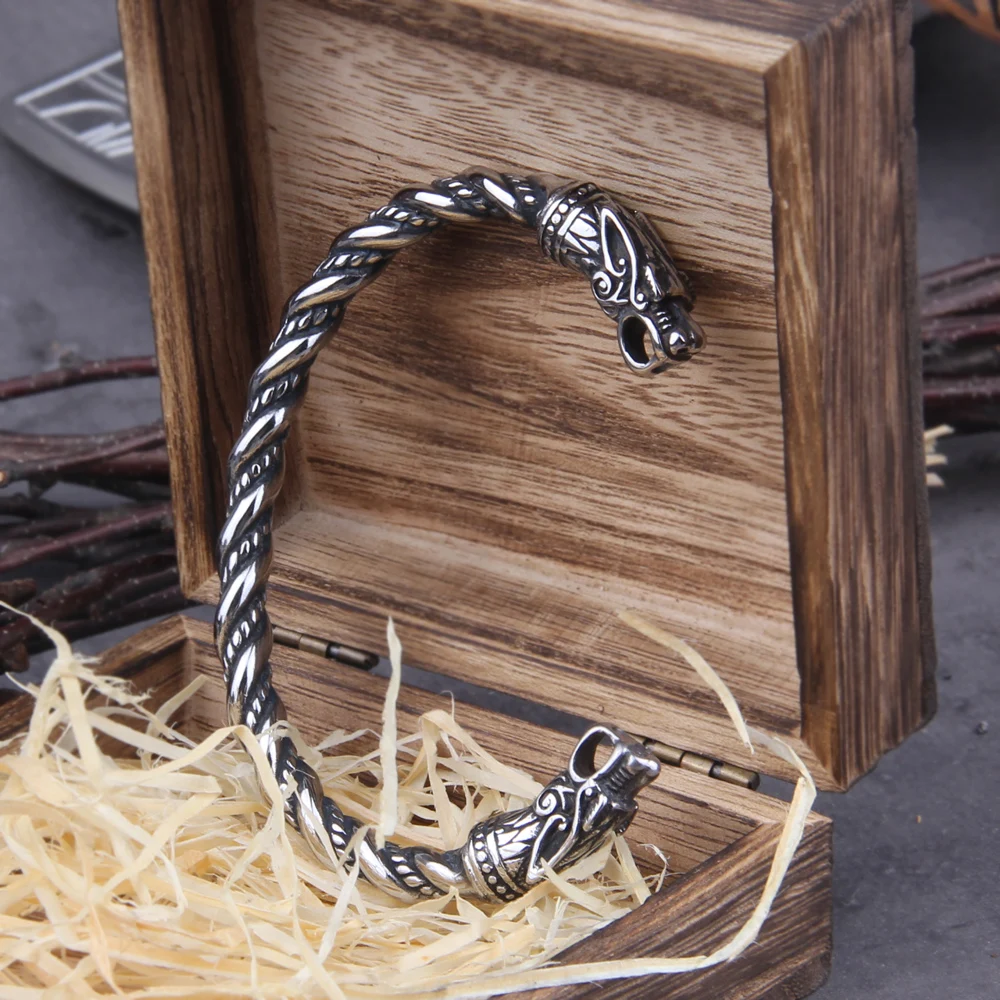 Pulsera de dragón nórdico vikingo de acero inoxidable para hombre, pulseras con caja de madera vikinga