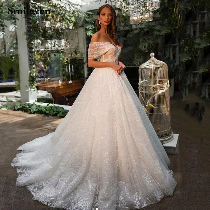 

Smileven Lace Wedding Dress Ball Gown Off The Shoulder Shiny Glitter Tulle Bride Dresses Lace Country Wedding Bridal Gowns 2020