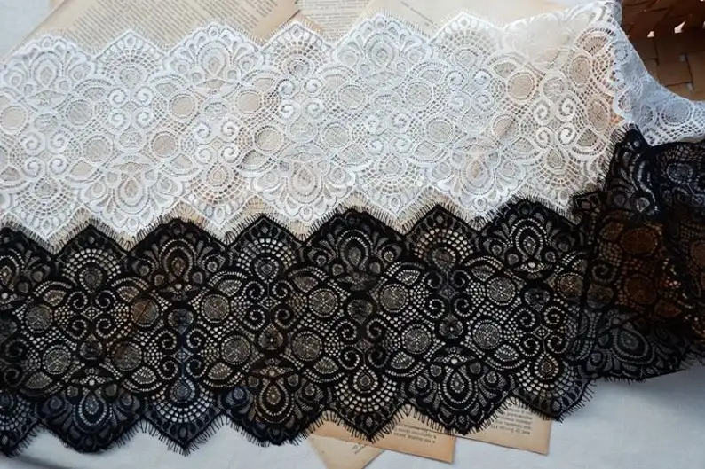 

7" Wide Vintage Scalloped Trim With Eyelash Border Lingerie Lace Alice Cape Veils Black/Off White 3 Yards Long