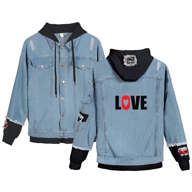 

Fashion Print Love Denim Jacket Sport Hip Hop Style Men Women Long Sleeve Fake Two Pieces Jean-Jackets Hoodie Streetwear Clothes