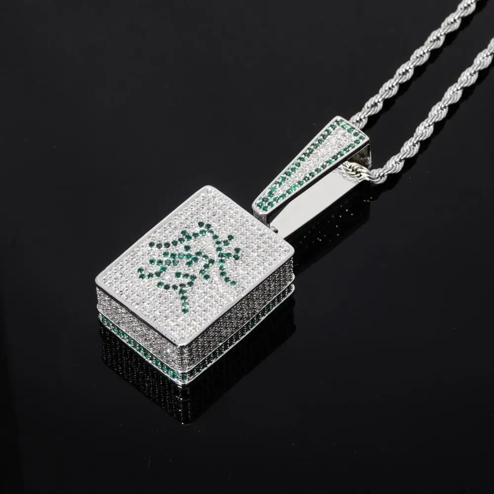 Hip Hop Micro Paved AAA+ Cubic Zirconia Iced Out Bling Chinese Get Rich Sign Square Pendants Necklace for Men Rapper Jewelry