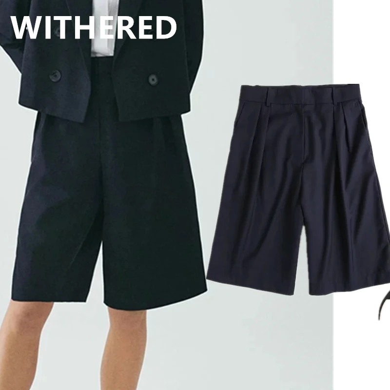 

Maxdutti summer england solid simple navy shorts women color straight suits short feminino bermuda Cropped trousers