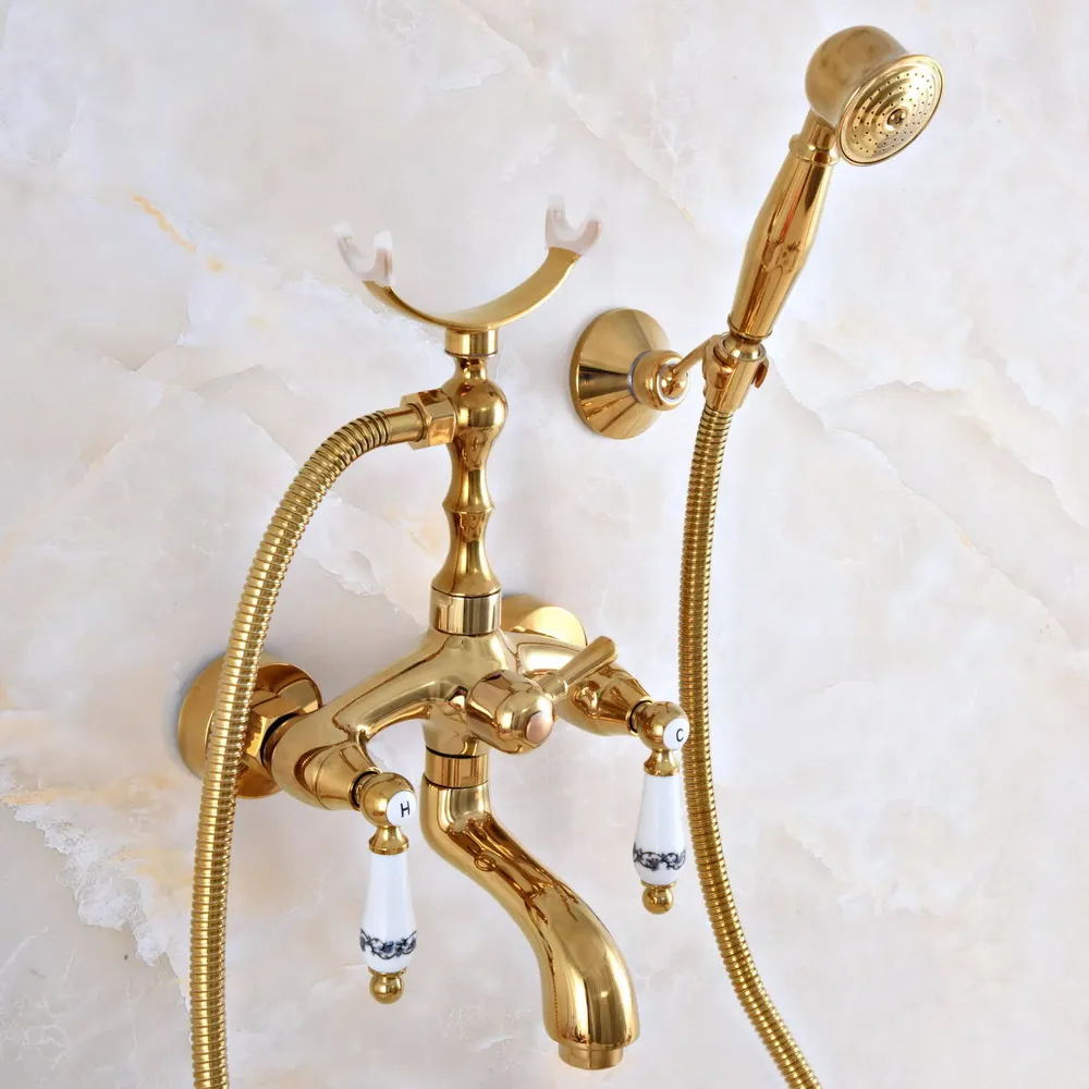 Luxury Golden Brass Double Handle Wall Mounted Bathroom Bath Tub Faucet Set with 1.5M Hand Held Shower Spray Mixer Tap 2na959