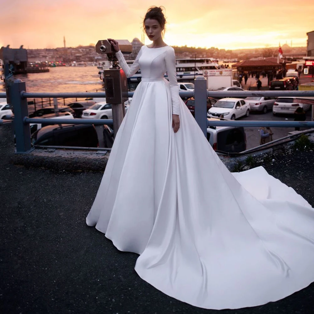 Vestido de novia bohemio de satén, vestido de novia de manga larga con cuello redondo y espalda descubierta, hecho a medida, talla grande, 2022