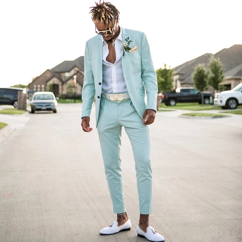 

JELTONEWIN Casual Mint green Men Suits Slim Fit Wedding Tuxedos Groomsman Suit For Wedding Party Costume Homme (Jacket+Pants)