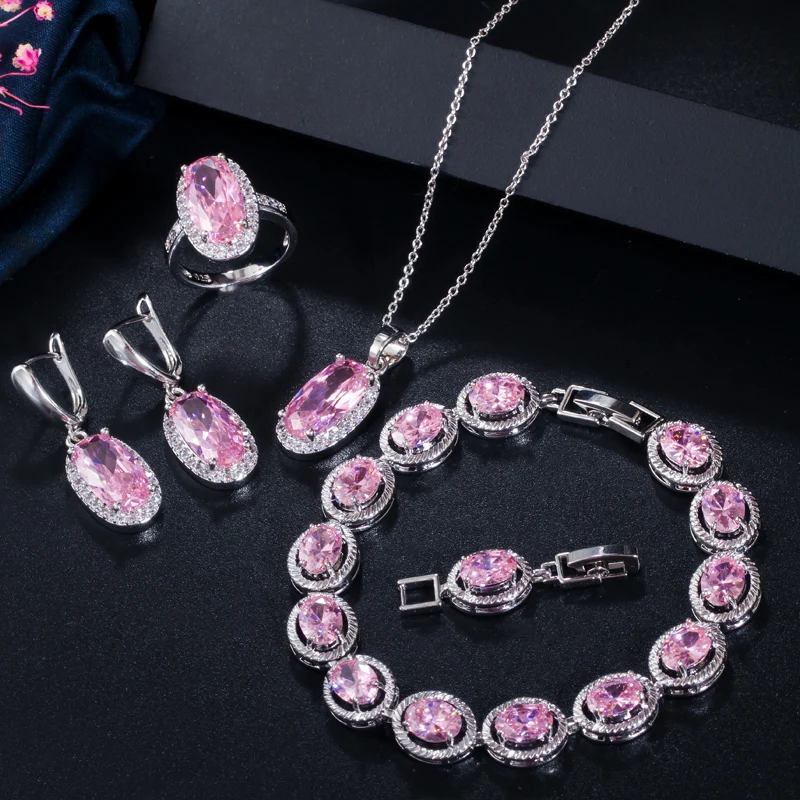 CWWZirconss Fashion Sparkling Oval Pink Cubic Zirconia Stone Rings Earring Necklace and Bracelet 4pcs Jewelry Set for Women T407