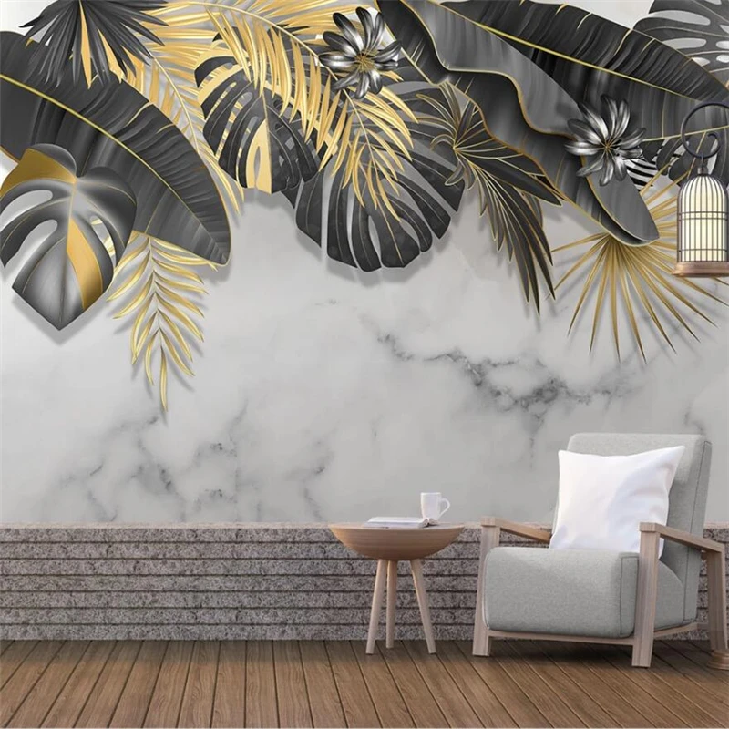 Custom wallpaper 3d Nordic minimalist hand-painted tropical plant leaves jazz white marbled background wall living room фотообои