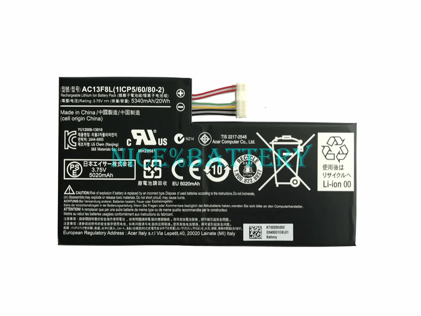 

Genuine AC13F8L AC13F3L Battery For Acer Iconia Tab A1-A810 Tablet 1ICP5/60/80-2