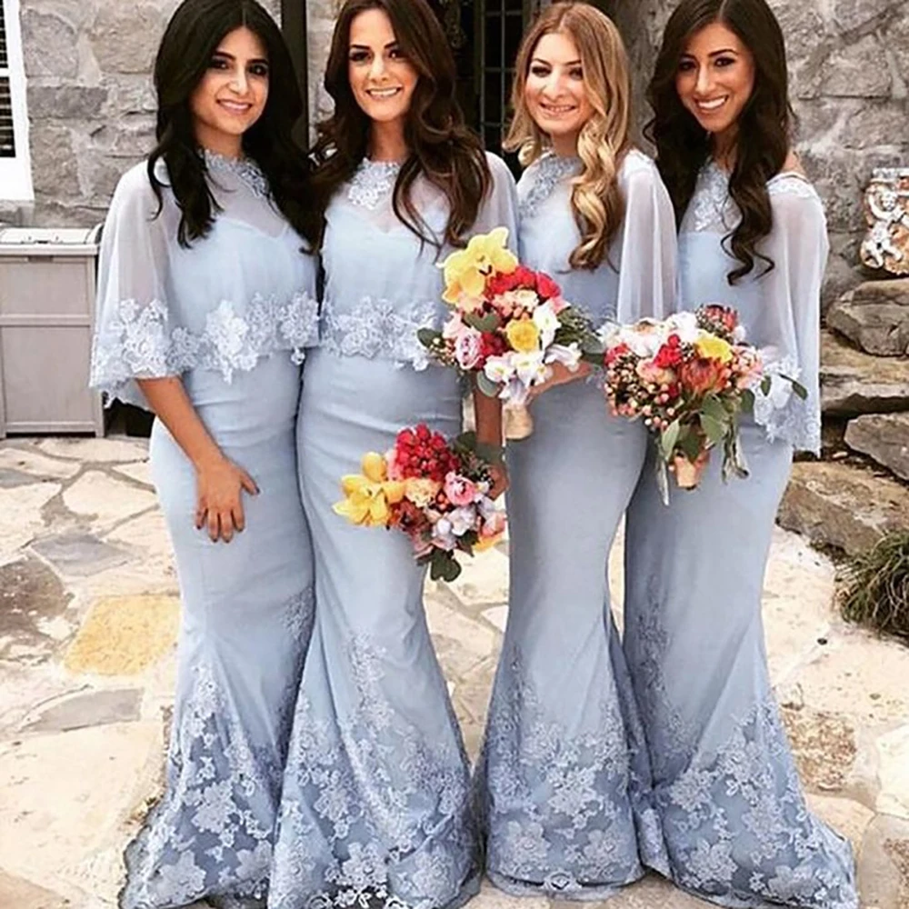 

New Customize Light Blue Cheap Bridesmaid Dresses Mermaid Appliques Lace Long Wedding Guest Party Dresses robe demoiselle