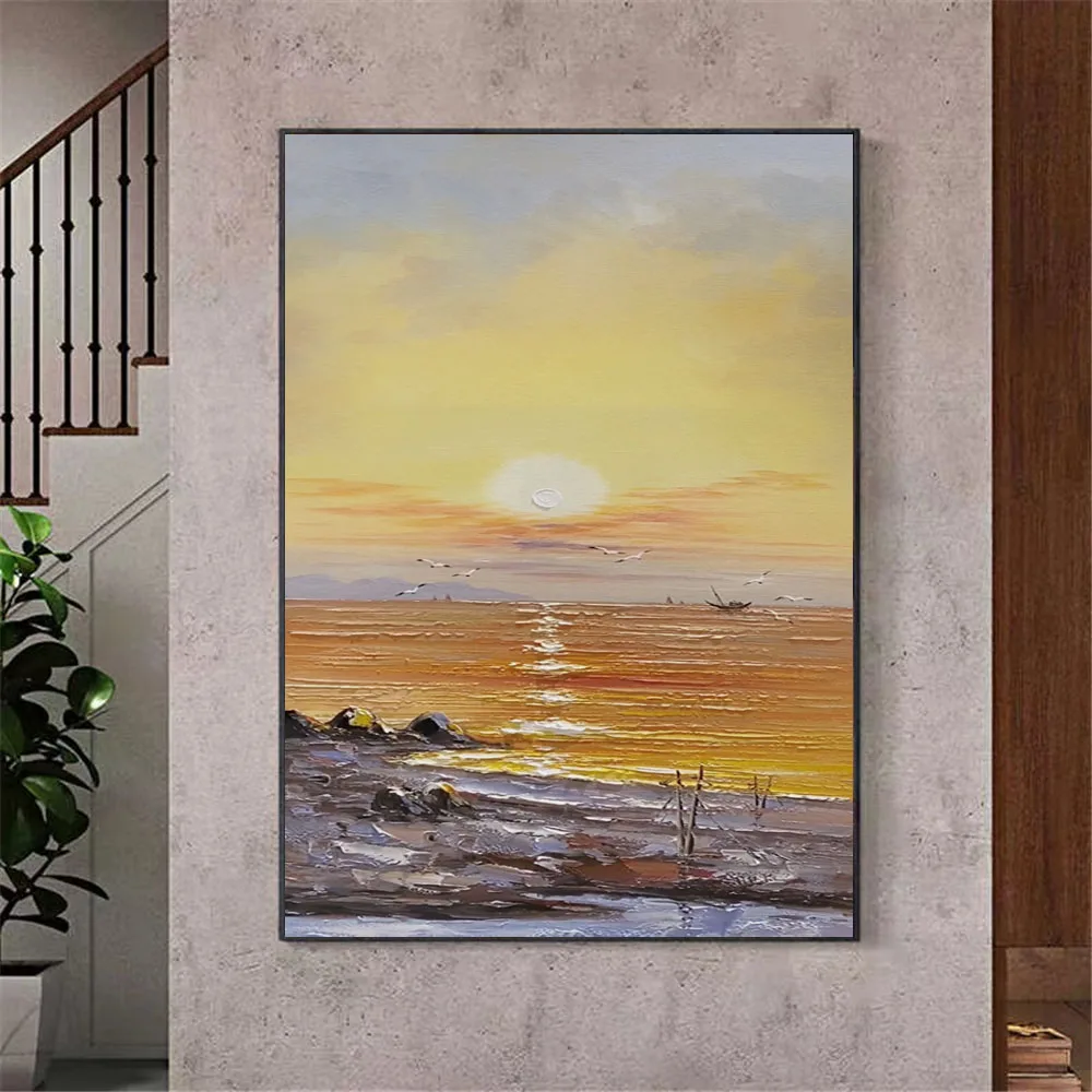 Hand-Painted Oil Painting Modern Abstract Art Sea Sunrise Seagull Sailboat Canvas Paintings Living Room Decoration Mural Picture