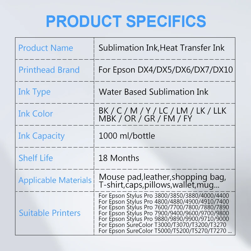 1000ML Sublimation Ink Ink For Epson 3800 3880 4800 4880 7700 9700 7800 7880 7600 9600 9800 9880 P800 T3270 T5270 Heat Transfer