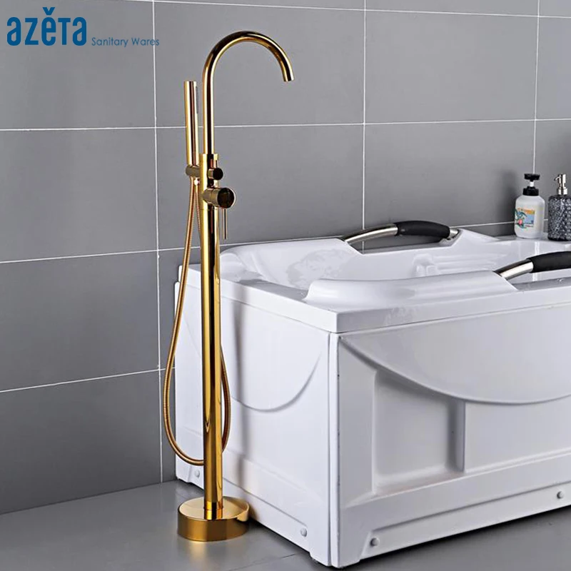 

Azeta Bathtub Faucet Golden Floor Standing Bathtub Mixer Tap Single Handle Bathroom Floor Mounted Bathtub Shower Tap Set MK6611G