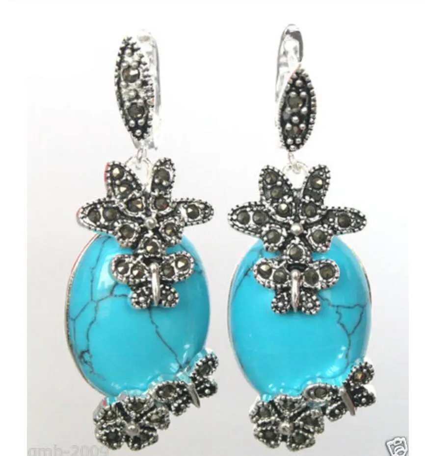 

Hot Sell Fashion Jewelry 925 Sterling Silver Blue jade Flower Marcasite Earrings