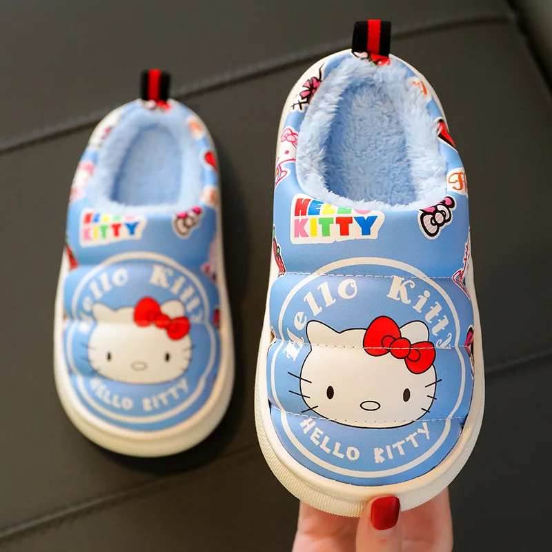 Hello Kitty Children\'s New Leather Waterproof Cotton Slippers For Girls And Boys Home Non-slip And Warm Cute Cartoon Plush Shoes