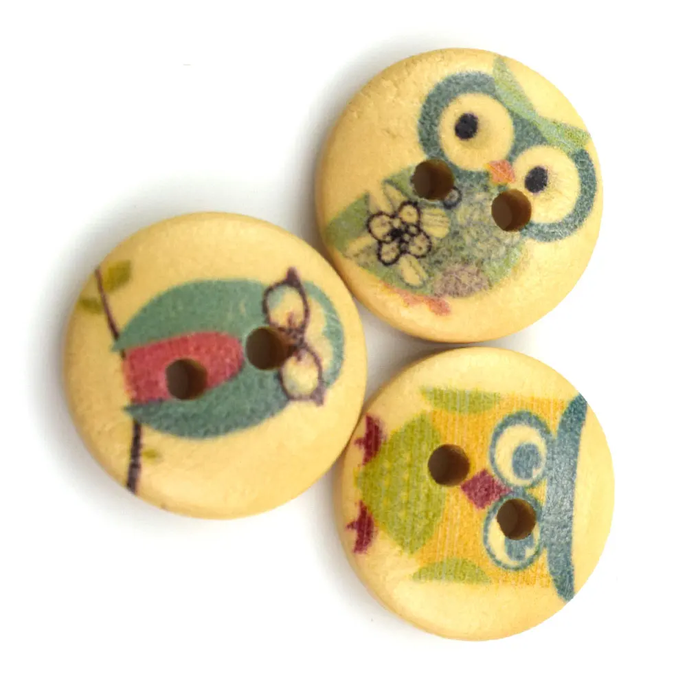 15MM Mixed Owls New Printed Round Wooden Button 2 Holes Mixed Wood Buttons Sewing Accessories for Clothing Decoration DIY