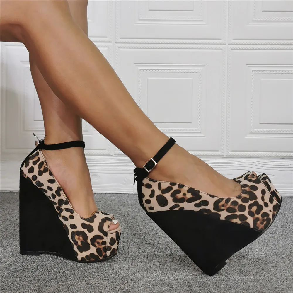 Fashion Woman Ankle Strap Leopard Wedge Pumps Gladiator Patchwork Black High Heels Peep Toe Summer Beach Vacation Sandalias