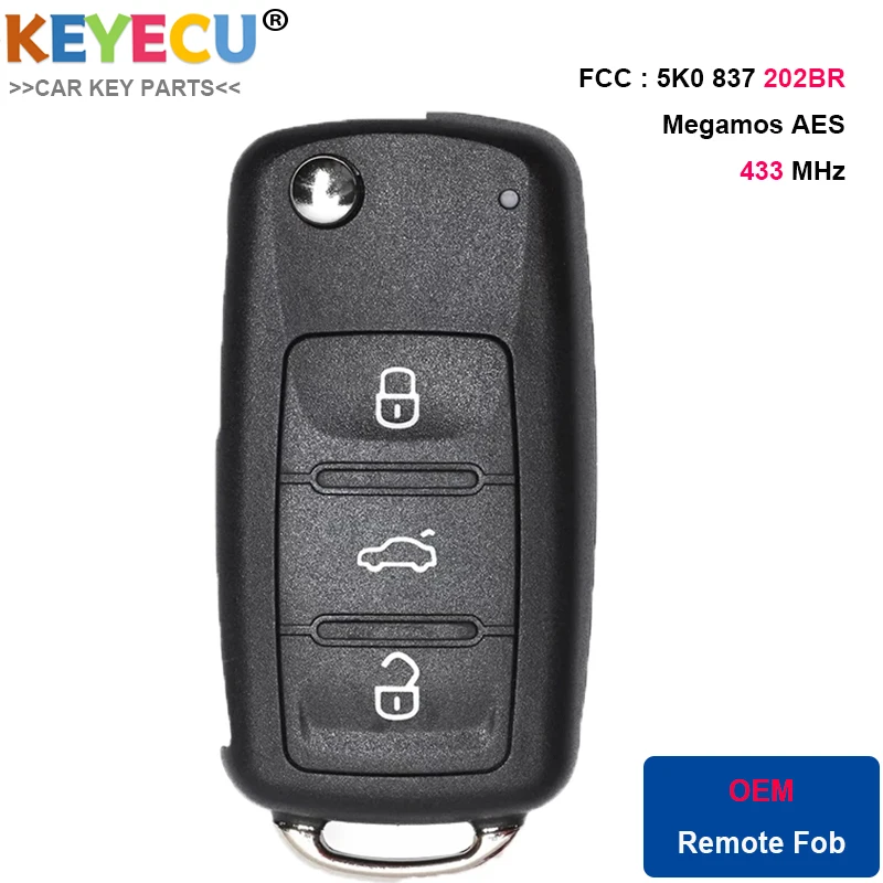 KEYECU Flip 3 Button Remote Car key 433MHz Megamos AES Chip for VW Volkswagen 5K0 837 202 BR 5K0837202BR