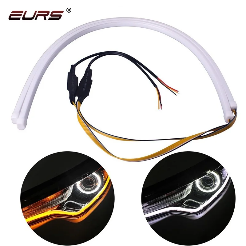 

EURS 2x White Yellow Flexible LED DRL Daylight For Headlight Strip daytime running light 30cm Car Signal Light Auto Parking Lamp