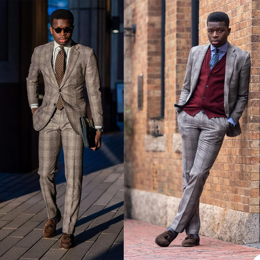 Esmoquin a cuadros de estilo británico para hombre, traje de negocios ajustado para novio, trajes de boda, traje Formal para fiesta de graduación (chaqueta + Pantalones)