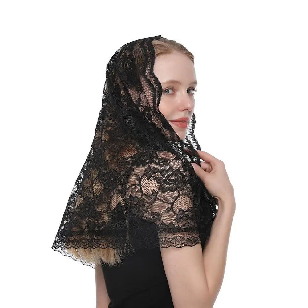 Embroidered Scarf for Church Round Veil Polyester Shawl in Church Spanish Mantilla Lace Floral Solid Color Women Prayer Shawls